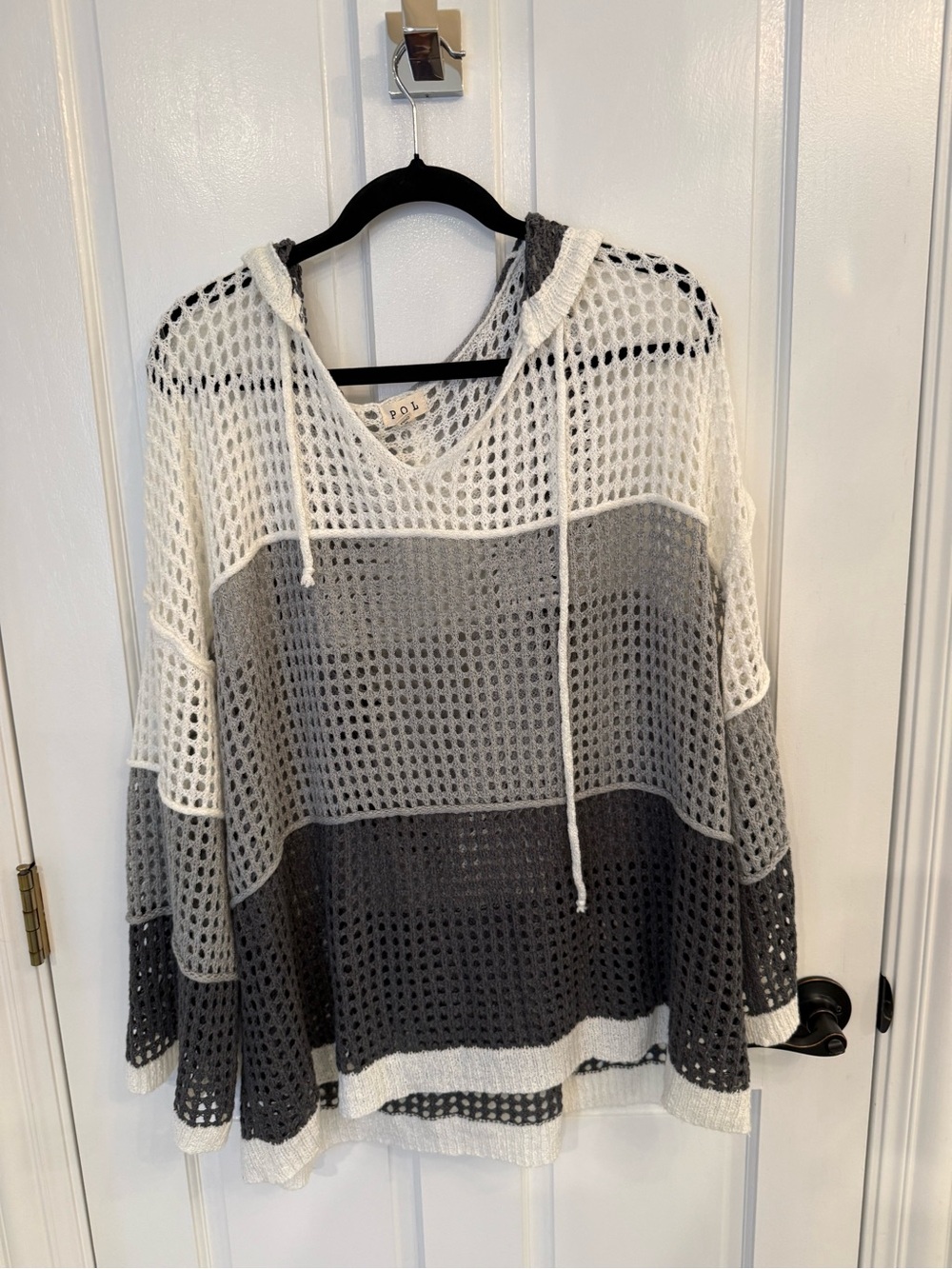 POL Colorblock Open-Knit Hooded Swim Coverup in White and Gray